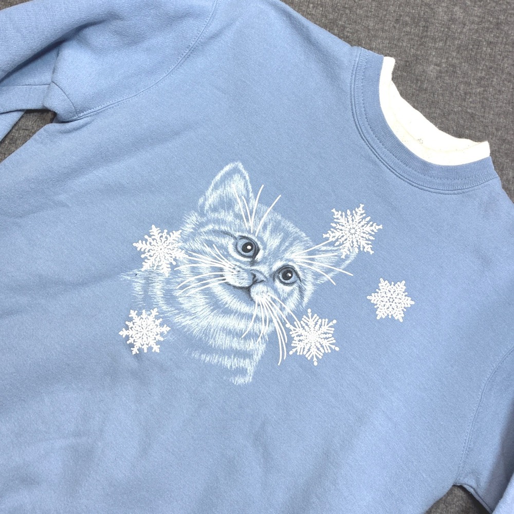 Morning Sun Sweatshirt Womens Large Blue Cat Snowflake Cottagecore Vintage 80s